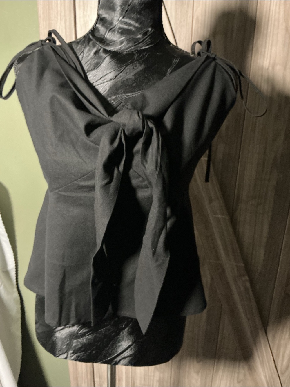 NWOT HYFVE Black Smocked Peplum Tie Shoulder Top Size L Bow Back